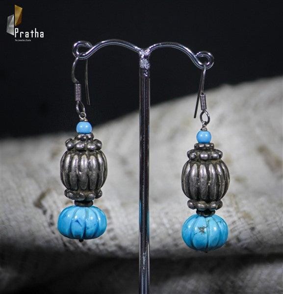 Silver Hanging Earrings With Damru Beads