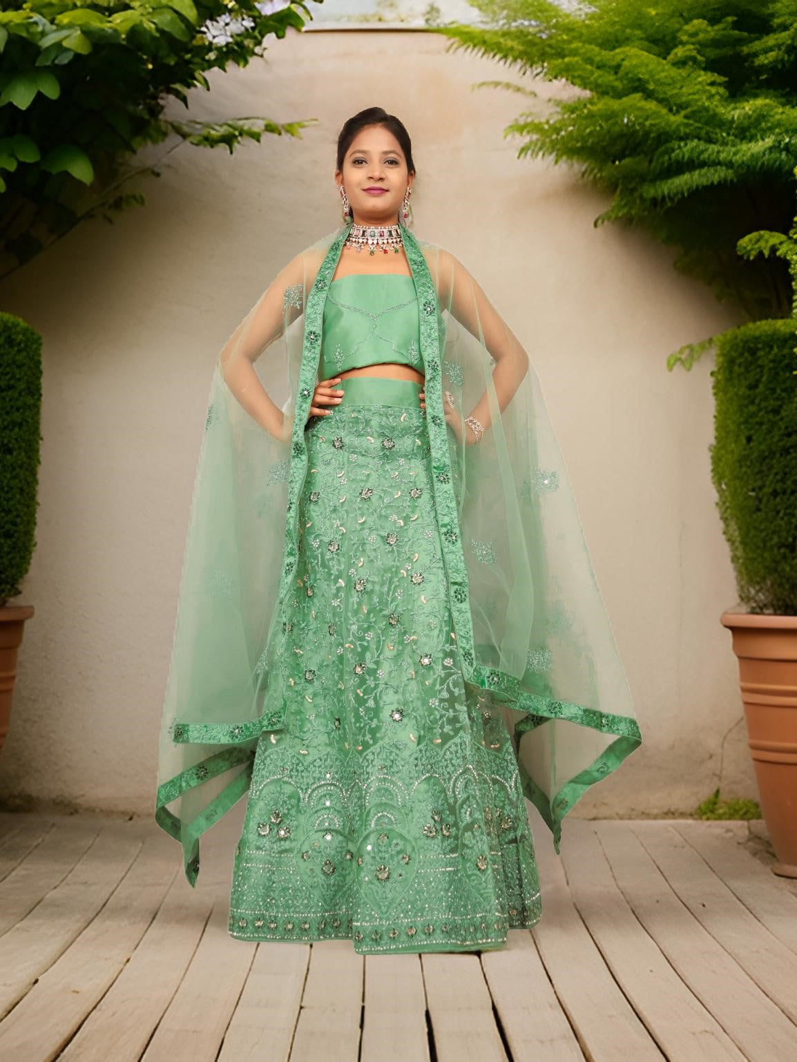 Semi-Stitched Lehenga with Embroidery & Zari Thread Work by Shreekama